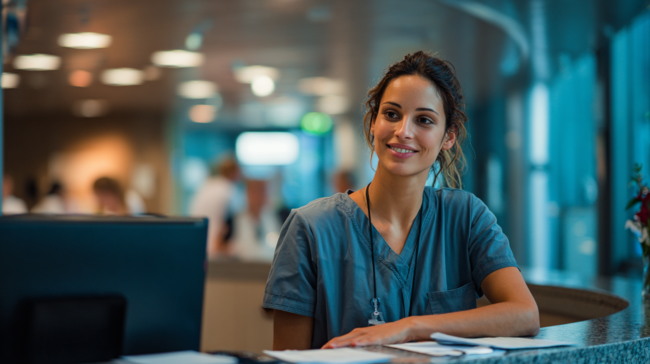 Secrétaire médicale souriante en uniforme, accueillant les patients à l'accueil d'une clinique moderne en Suisse romande